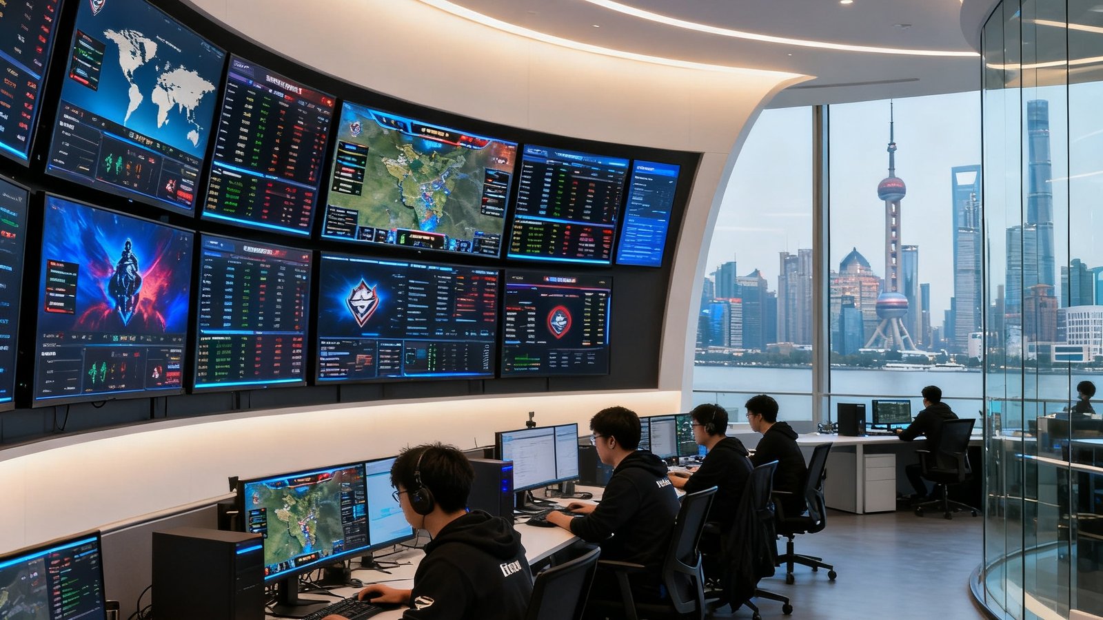 竞技宝上海总部开放式办公区全景，数十块数据监控屏幕排列在弧形墙面上显示着全球各大赛区的实时比赛数据，分析师团队在工位上专注工作，落地窗外是浦东天际线。