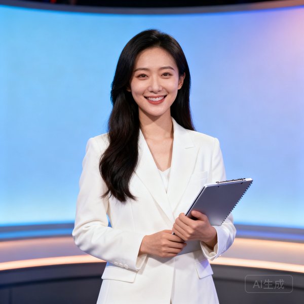 一位长发微笑的中国女性电竞内容总监，约28岁，身穿白色西装外套，手持笔记本站在演播室背景前。